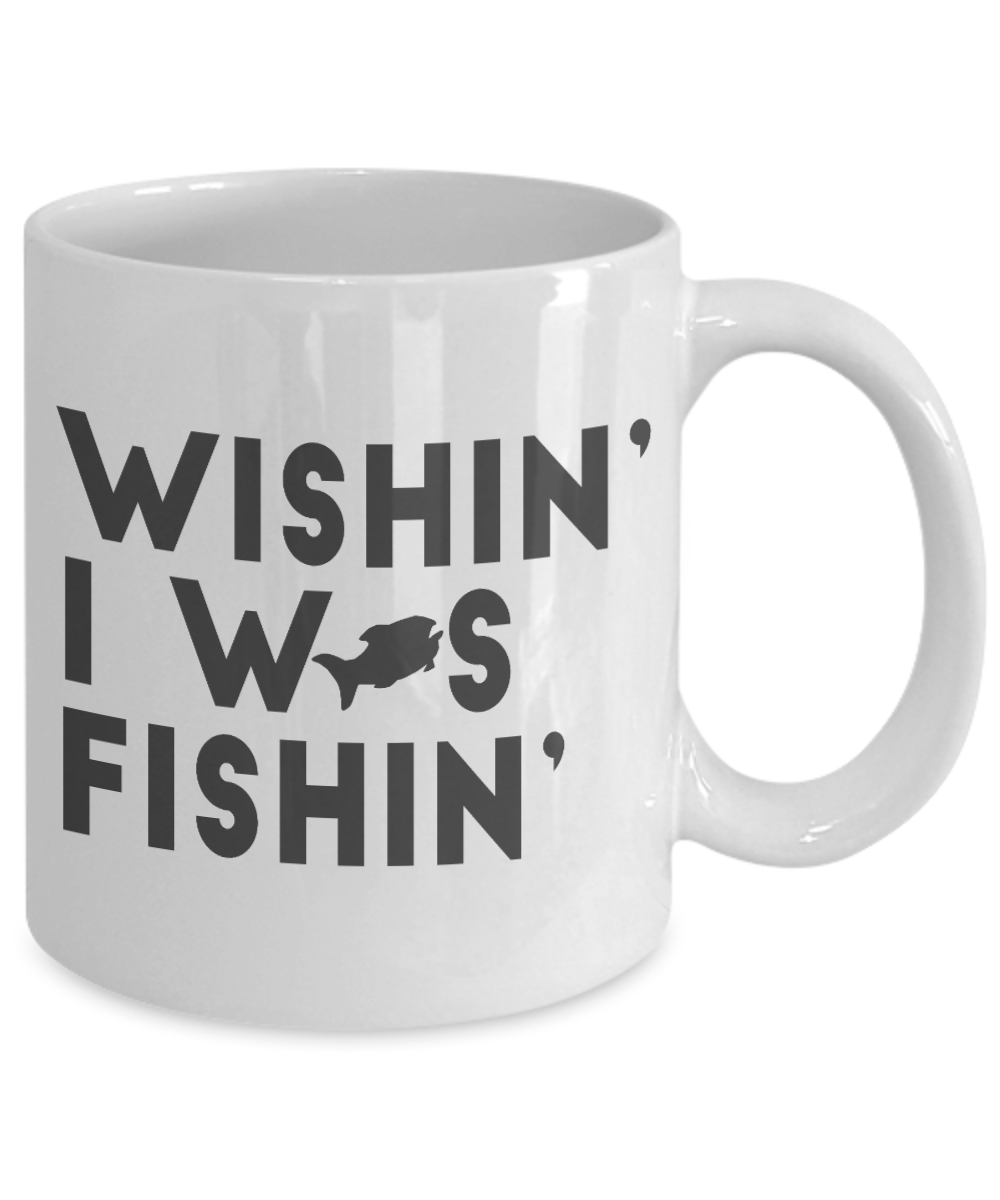 Fishing Love Coffee Mug, Wishing I Was Fishing-White Porcelain Coffee Mug 11 oz for dad, fishing, fishermen, son