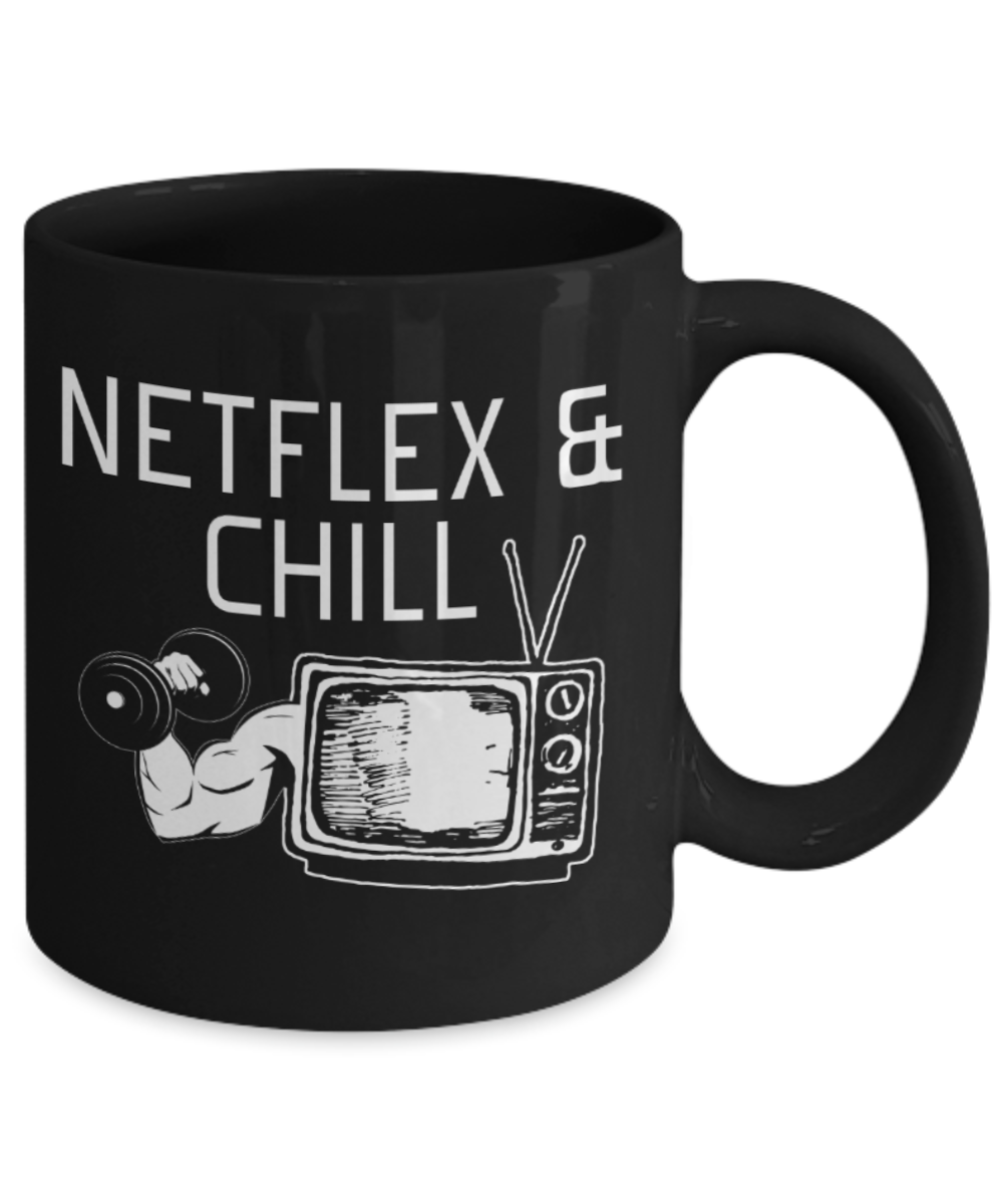 Netflex Lovers Mugs , Netflex & Chill - Black Coffee Mug Porcelain Tea Cup 11 oz - Great Gift