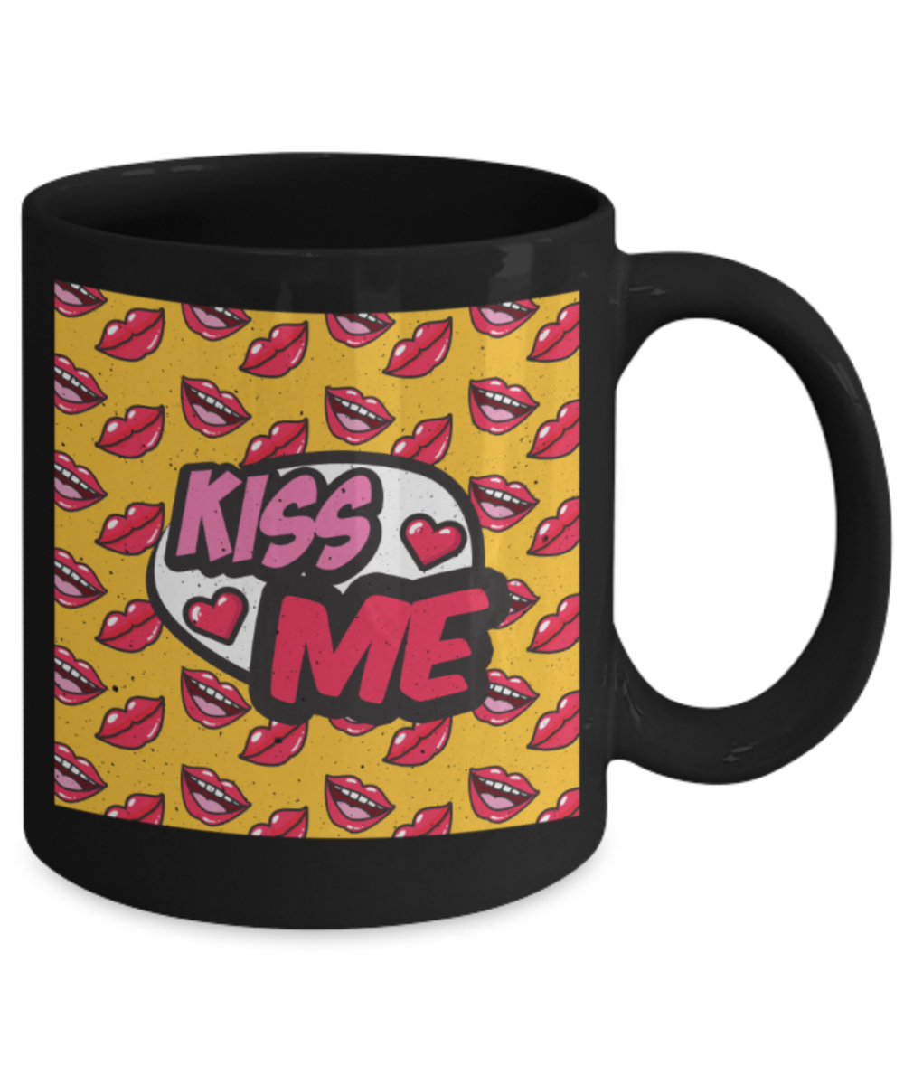 Kissing Lovers Mugs, Kiss me - Funny Black Porcelain Coffee 11 oz