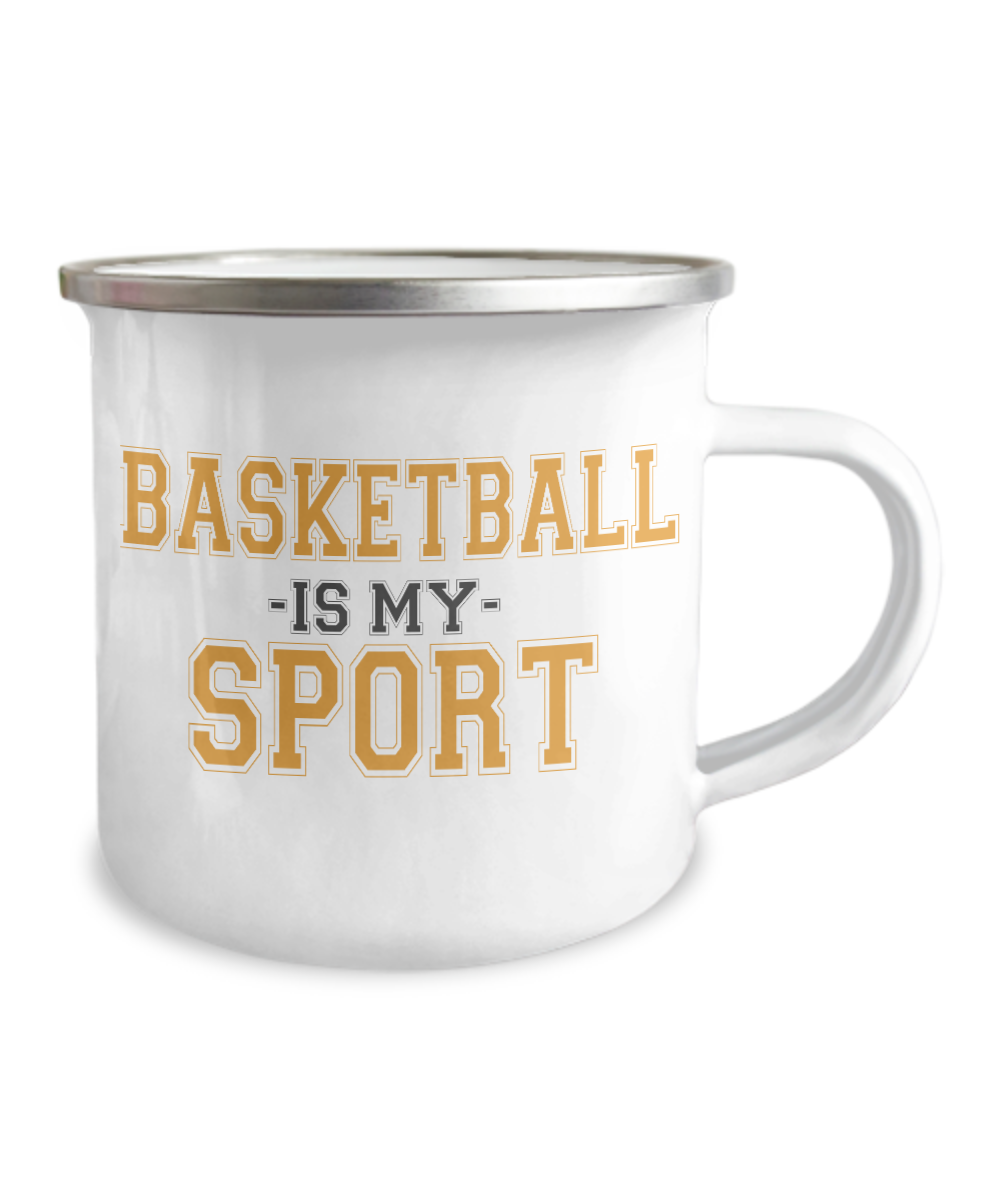 Basketball Player Gift Coffee Mug, Basketball Is My Sport -12 Oz Stainless Steel Enamel Finish White Camper Coffee Mug