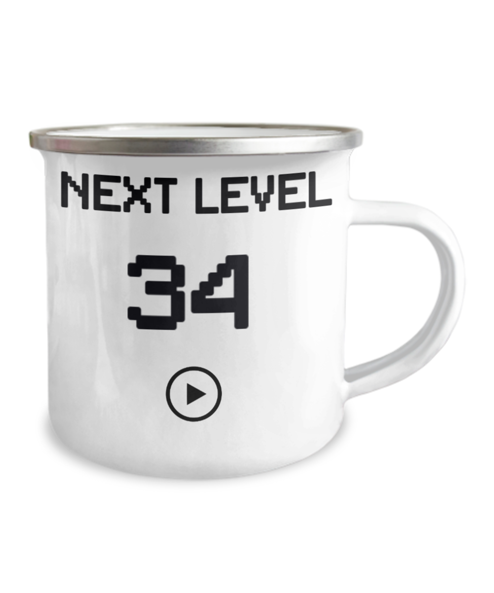 34th Birthday Special Gift Coffee Mug, Next Level 34, Gamer Coffee Mug, Birthday Mug- 12 Oz Stainless Steel Enamel Finish White Camper Coffee Mug