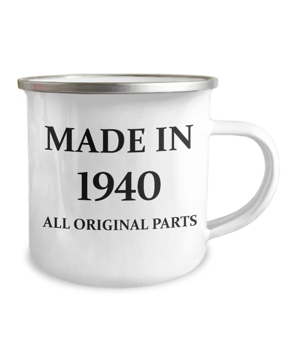 1940 birthday Coffee Mug, 80th Birthday Mug - Made in 1940 All Original Parts- 12 Oz Stainless Steel Enamel Finish White Camper Coffee Mug
