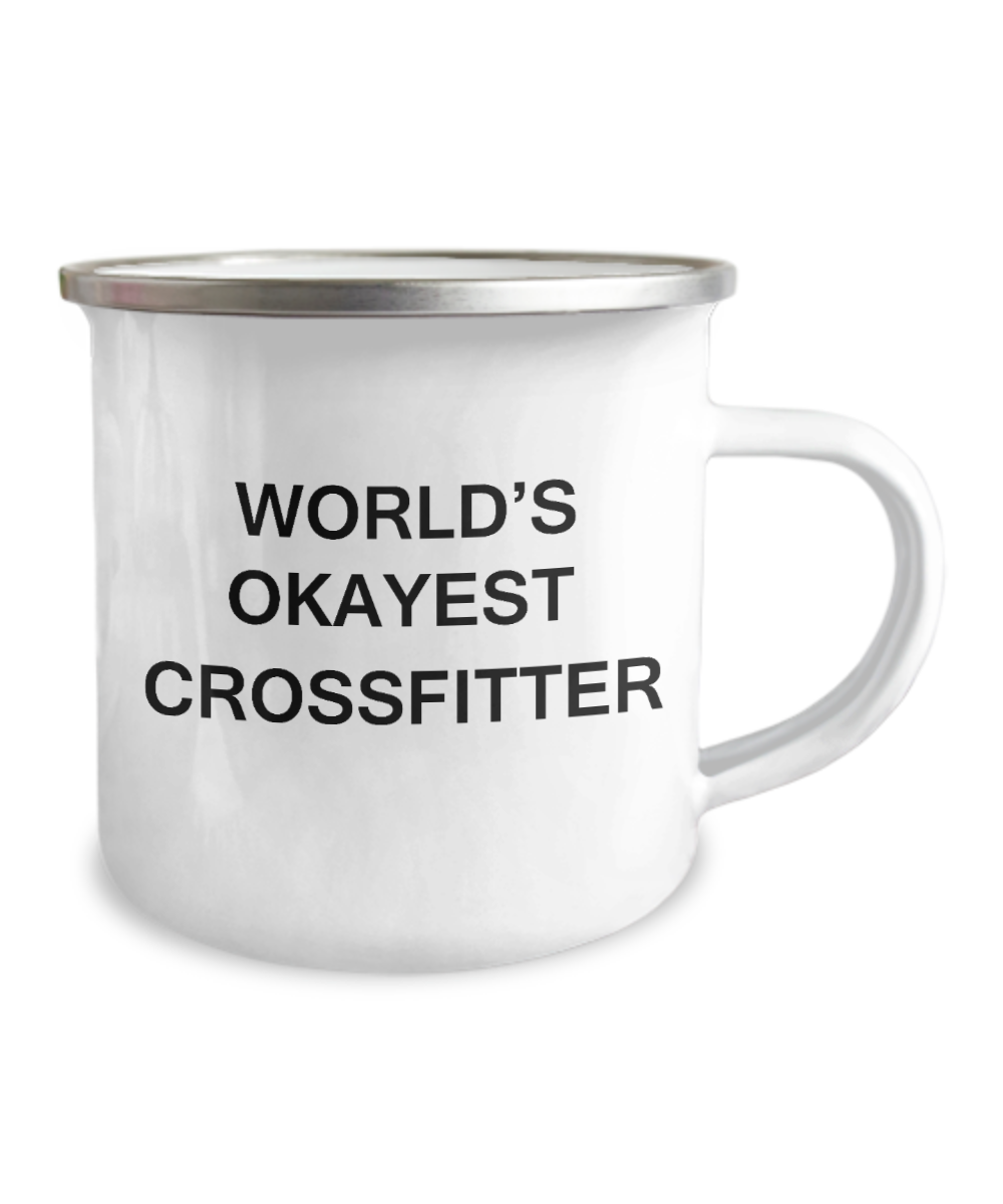 World's Okayest Crossfitter - Coffee Mugs For Workout Fitness Lovers -12 Oz Stainless Steel Enamel Finish White Camper Coffee Mug