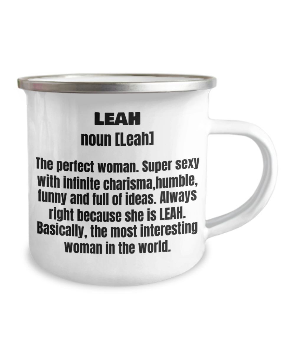 Leah First Name Adult Definition -Premium 12 Oz Stainless Steel Enamel Finish White Camper Coffee Mug