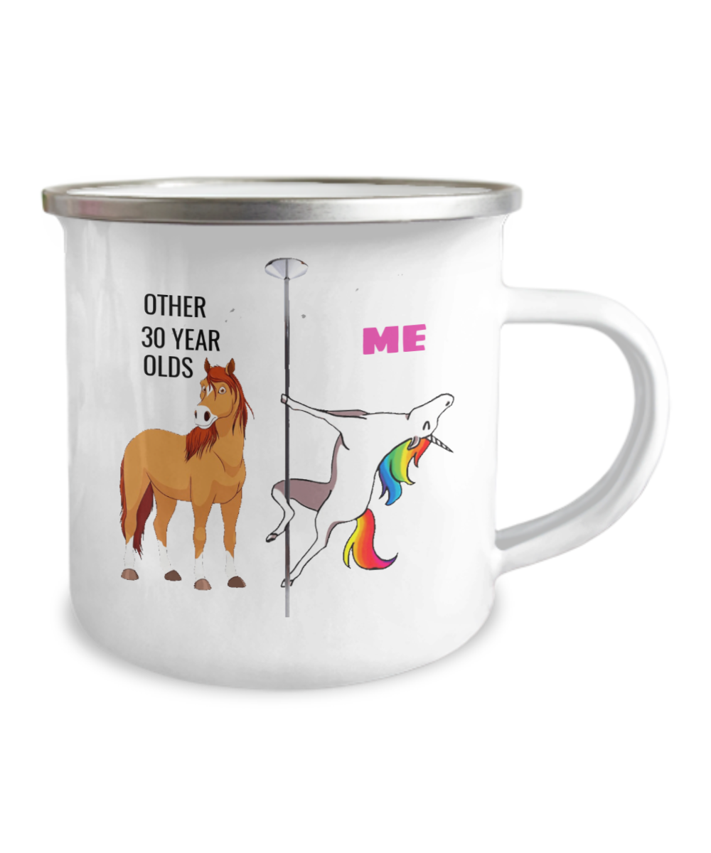 30th Birthday Unicorn Camper Coffee Mug - Other 30 Year Olds Me Unicorn Coffee Mug -12 Oz Stainless Steel Enamel Finish White Camper Coffee Mug