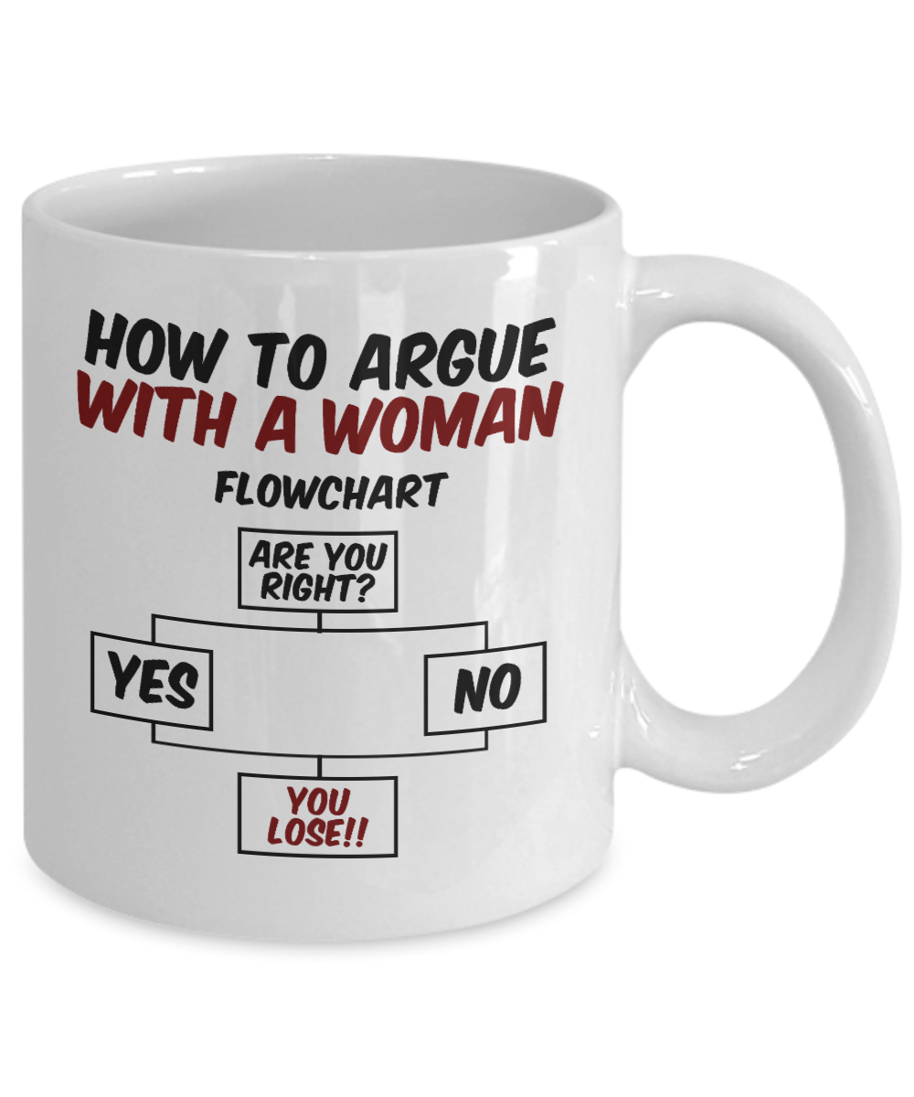 Wifey And Hubby Coffee Mug, How To Argue With A Women Flow Chart-White Porcelain Coffee Mug 11 oz For Wife, Husband, Wedding, Anniversary