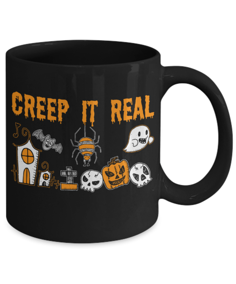 Halloween Lovers Mugs , Creep it real - Black Coffee Mug Porcelain Tea Cup 11 oz - Great Gift