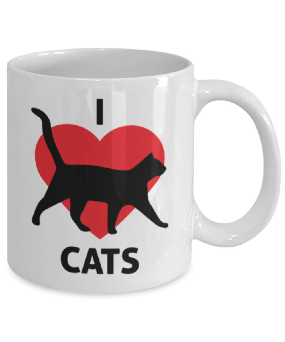 Cats Lovers Gifts , I Love Cats - White Coffee Mug Porcelain Tea Cup 11 oz - Great Gift