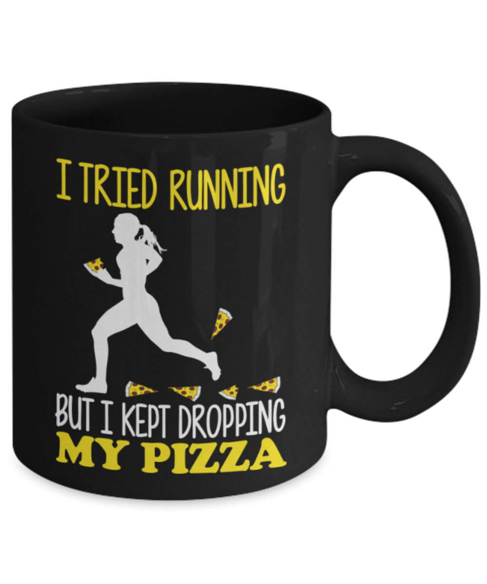 Pizza Lovers Mugs , Dropping My pizza - Black Coffee Mug Porcelain Tea Cup 11 oz - Great Gift