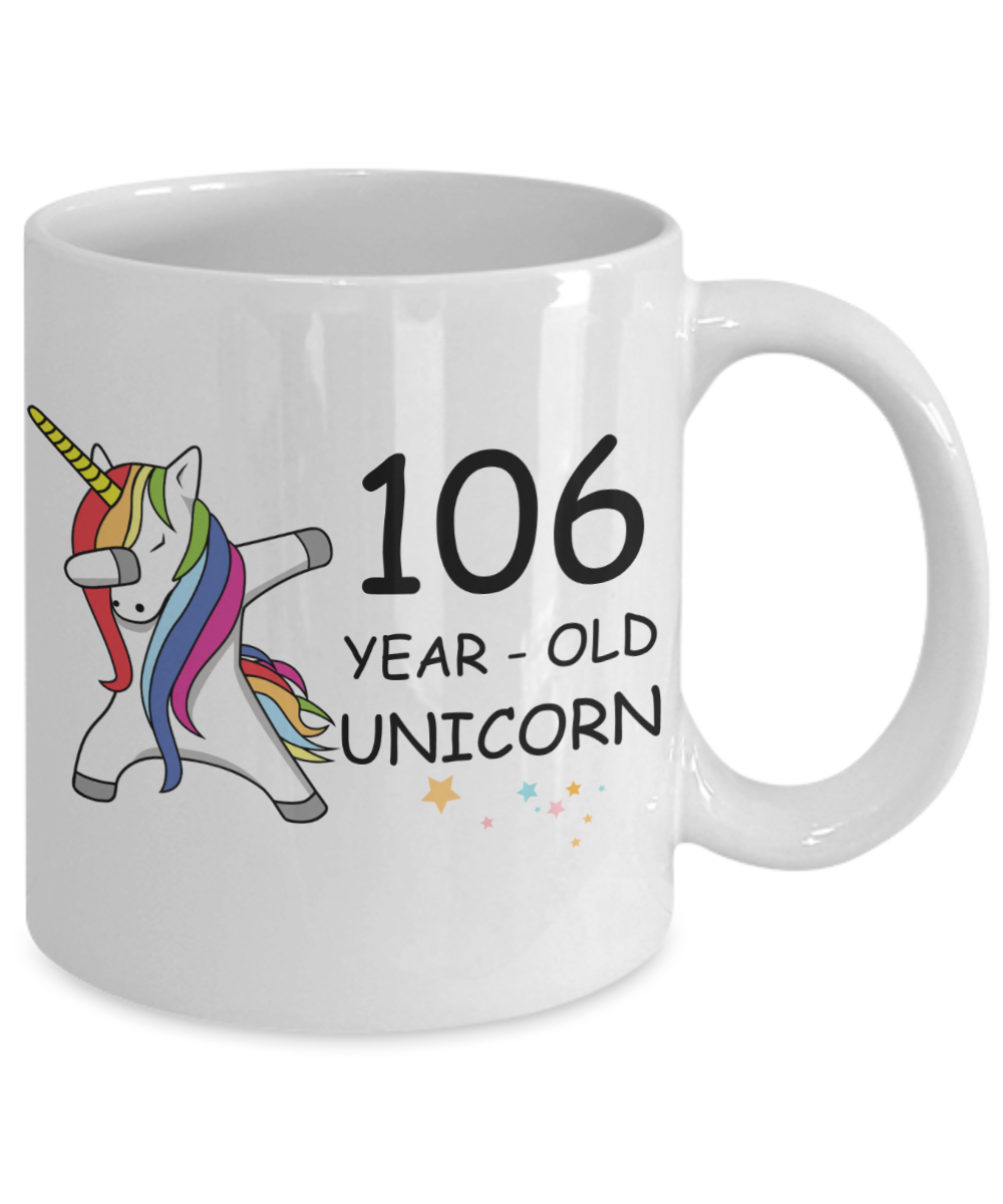 Unicorn Birthday gift 106th Birthday Gift for Women - 106 Year Old Unicorn Dabbing Mug - Funny White Porcelain Coffee 11 oz, 106th Anniversary Bday Gift for Grandma, Mom, Sister, Bestie - Legends are Born In 1914