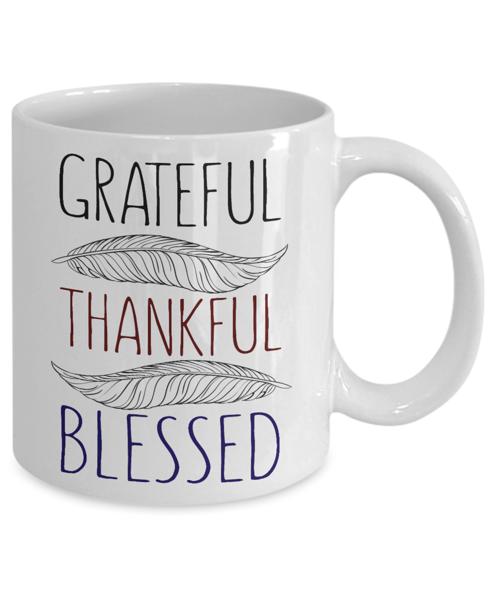 Thanksgiving Coffee Mug, Grateful Thankful Blessed- White Porcelain Coffee Mug 11 Oz For Thanksgiving Day