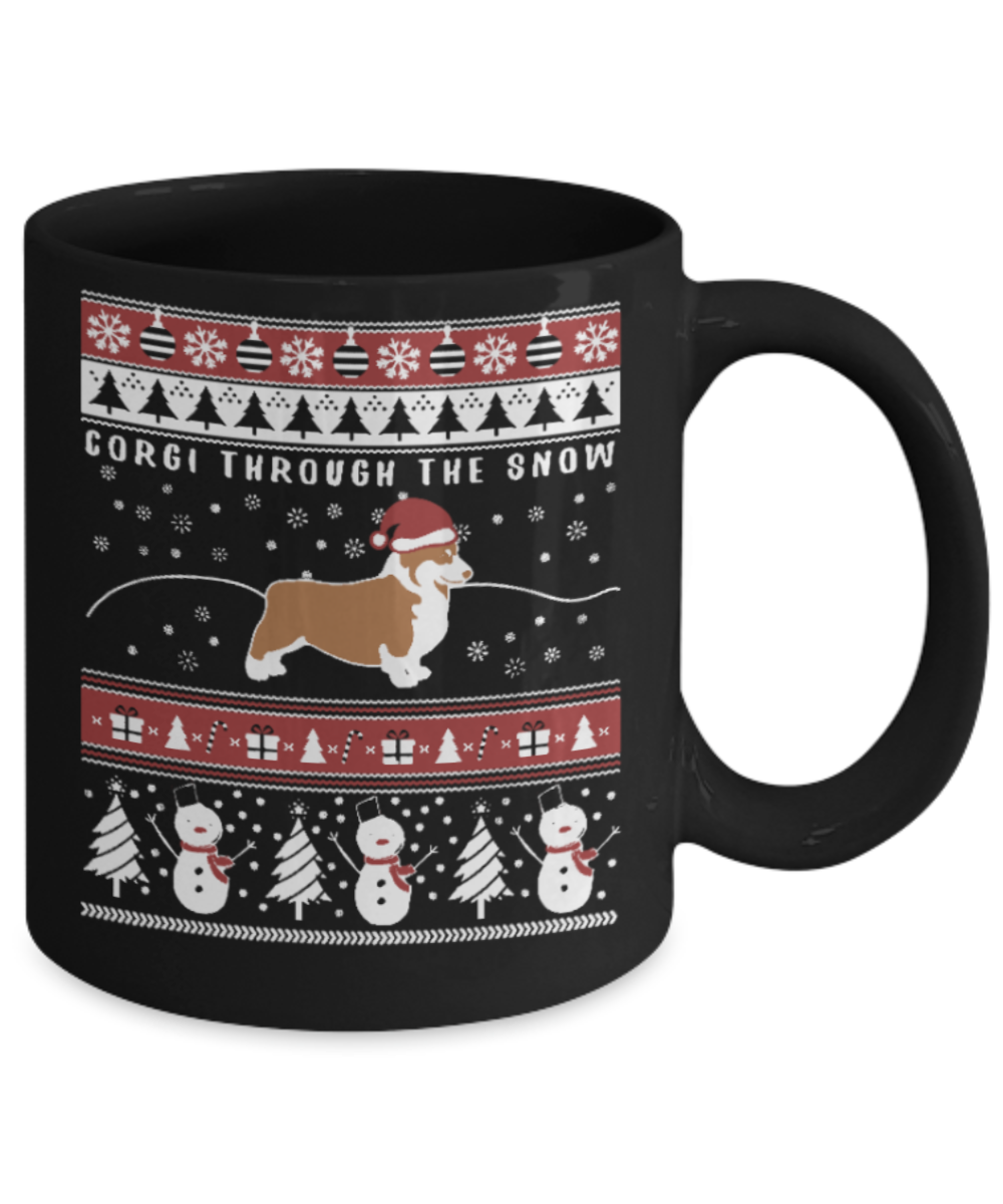 Peets coffee k cups christmas blend , Corgi through the snow - Black Coffee Mug Porcelain Tea Cup 11 oz - Great Gift