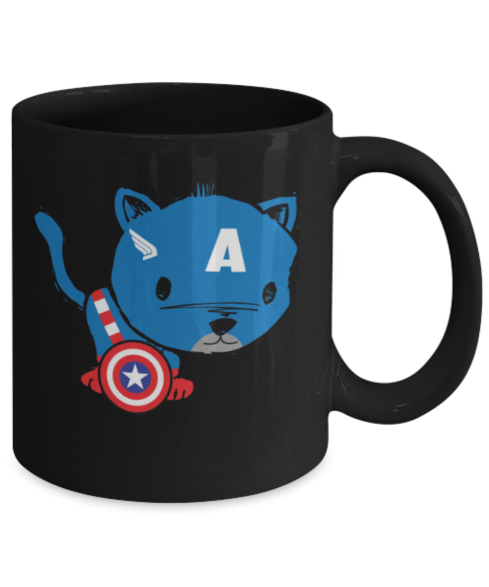 Gift gor cat lovers , Catp'n America - Black Coffee Mug Porcelain Tea Cup 11 oz - Great Gift