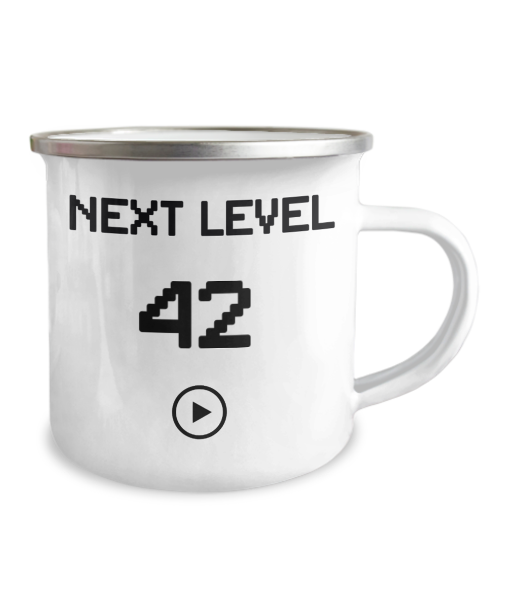 42nd Birthday Special Gift Coffee Mug, Next Level 42, Gamer Coffee Mug, Birthday Mug- 12 Oz Stainless Steel Enamel Finish White Camper Coffee Mug