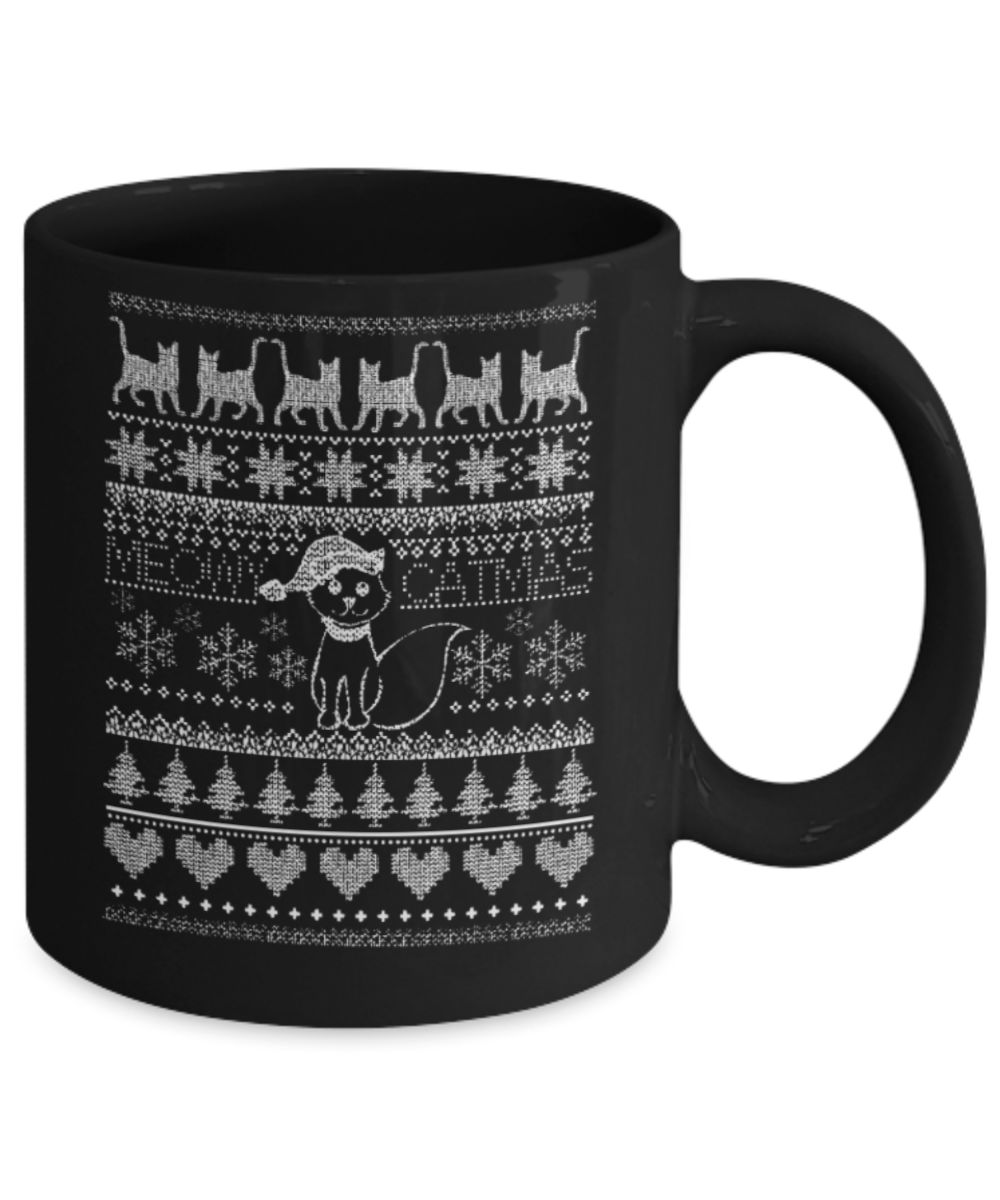Gift gor cat lovers, Meow Catmas - Black Coffee Mug Porcelain Tea Cup 11 oz - Great Gift