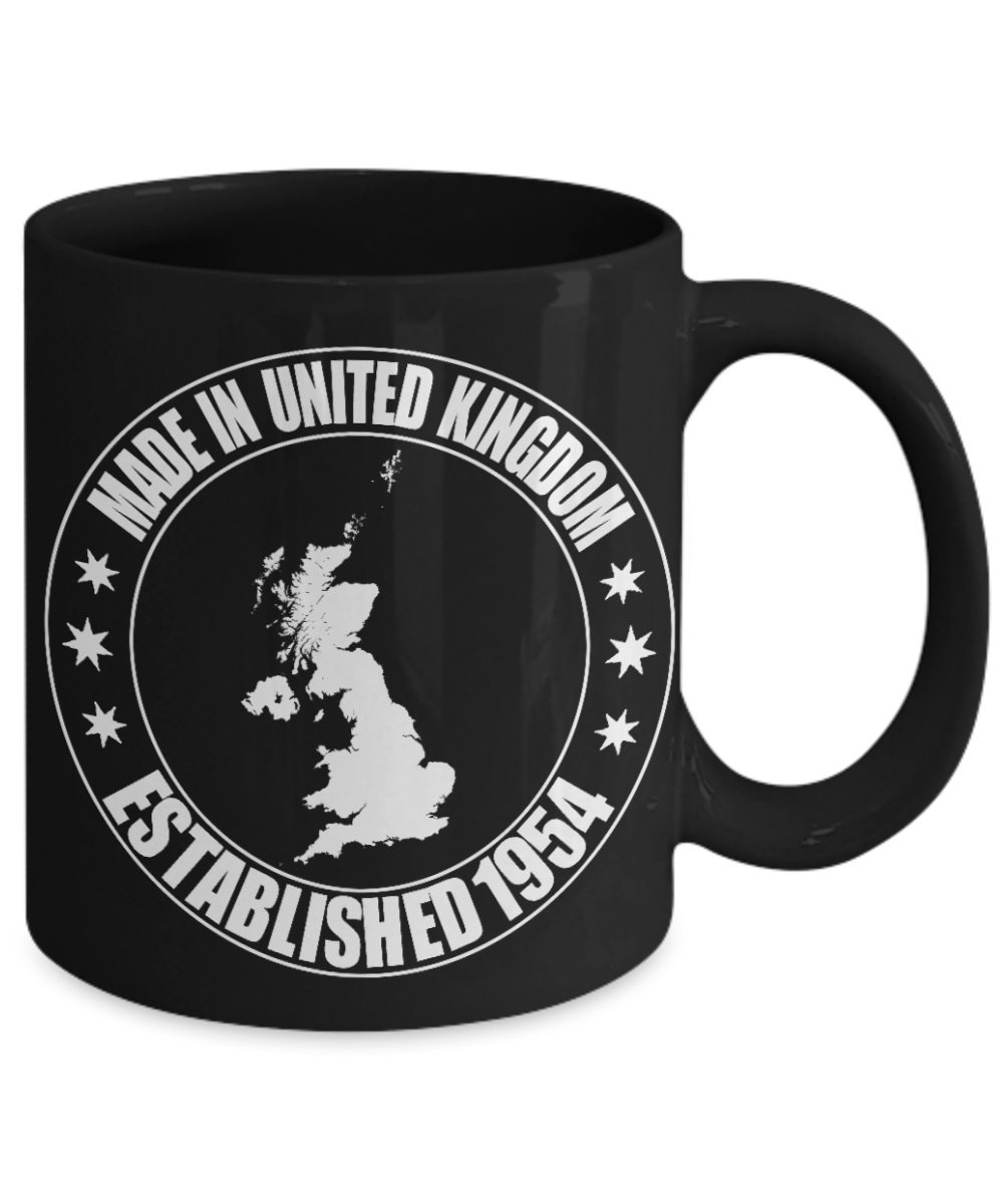 Born in 1954 Birthday Coffee mug,Made in UK established in 1954-Black Coffee Mug 11 oz