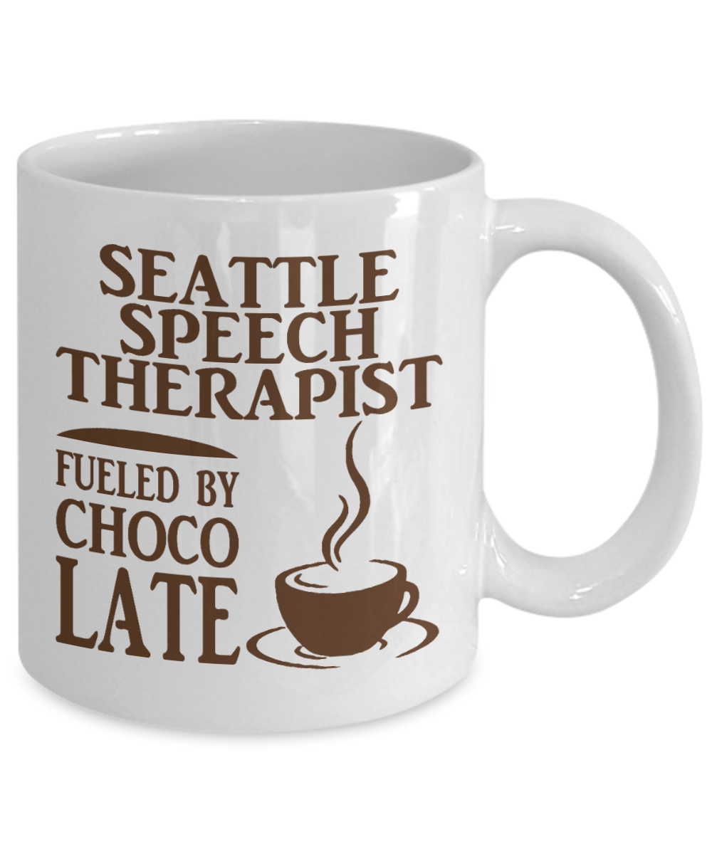 Speech Therapist Gift Idea Coffee Mug, Seattle Speech Therapist Fueled By Choco Late -White Porcelain Coffee Mug 11 For Father, Husband, Wife, Speech Therapist, Language therapist