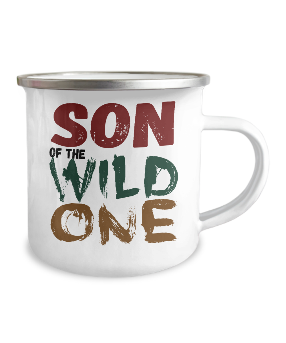 Son Of The Wild One - 12 Oz Stainless Steel Enamel Finish White Camper Coffee Mug