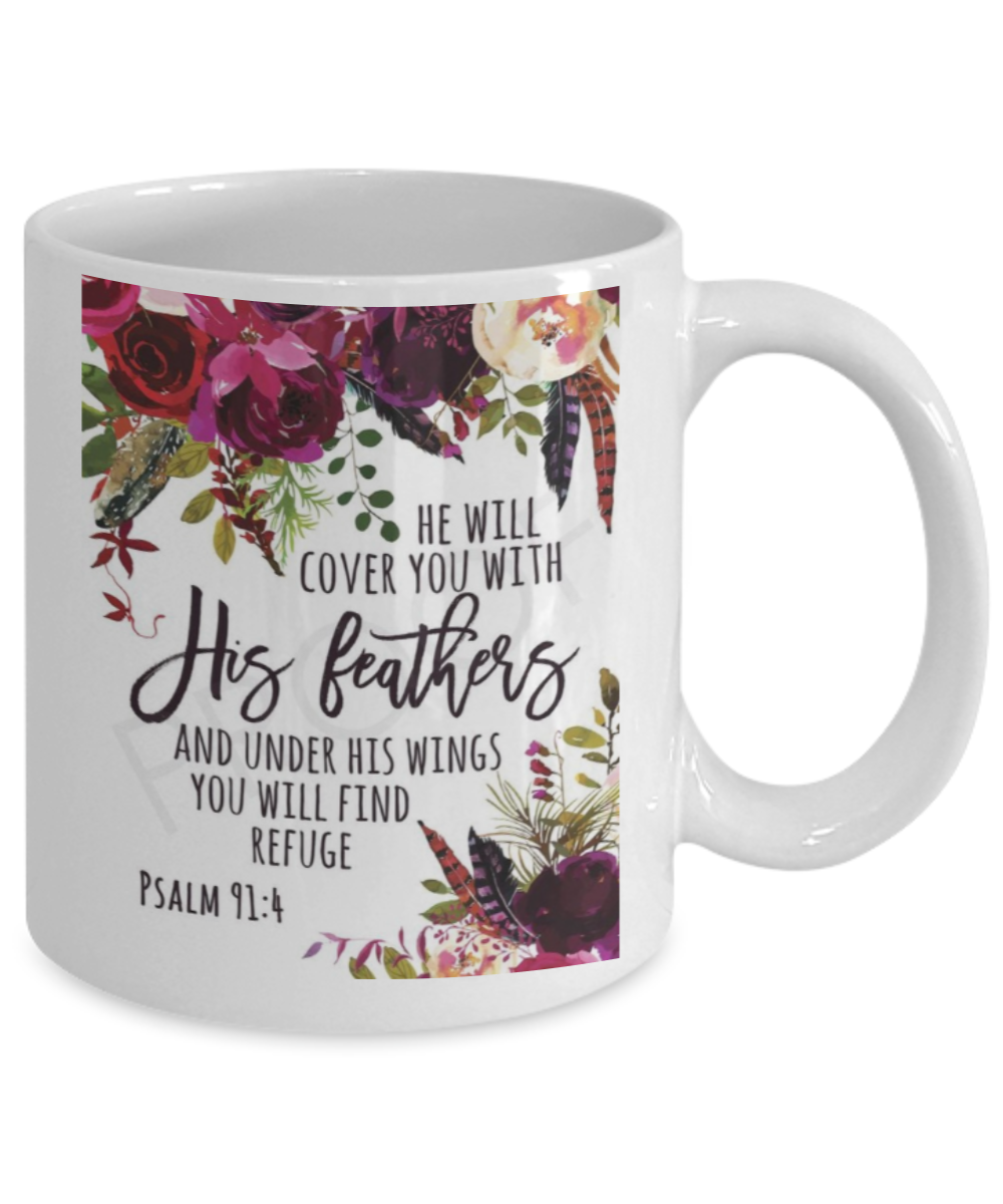 Religious coffee mugs , He will cover you with his feathers - White Coffee Mug Tea Cup 11 oz Gift