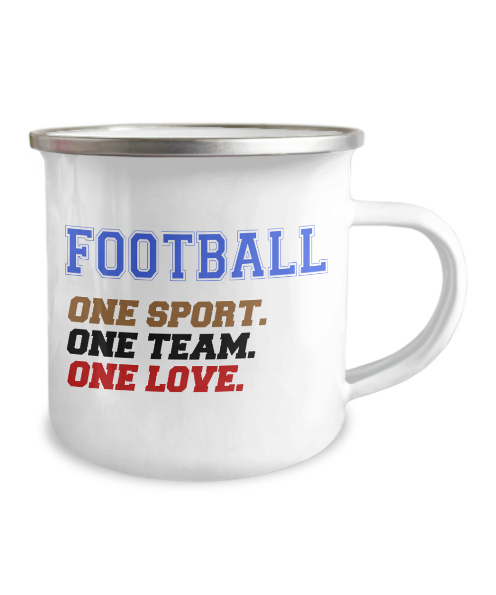 Football Lover Coffee Mug, Football One Sport One Team One Love -12 Oz Stainless Steel Enamel Finish White Camper Coffee Mug