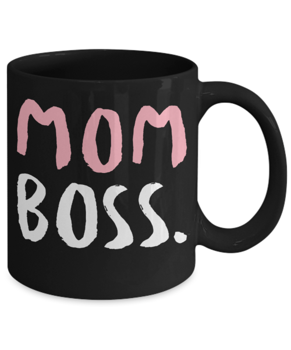 Mom Gifts Mugs , Mom Boss - Black Coffee Mug Porcelain Tea Cup 11 oz - Great Gift