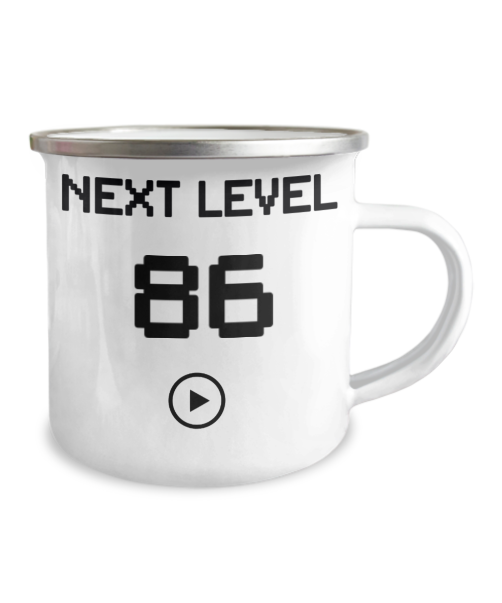 86th Birthday Coffee Mug, Next Level 86, Gamer Coffee Mug, Birthday Mug- 12 Oz Stainless Steel Enamel Finish White Camper Coffee Mug