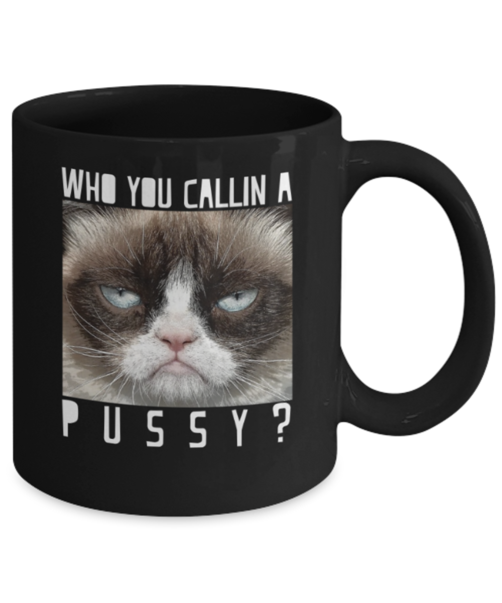 Gift gor cat lovers , Who you callin a pussy - Black Coffee Mug Porcelain Tea Cup 11 oz - Great Gift