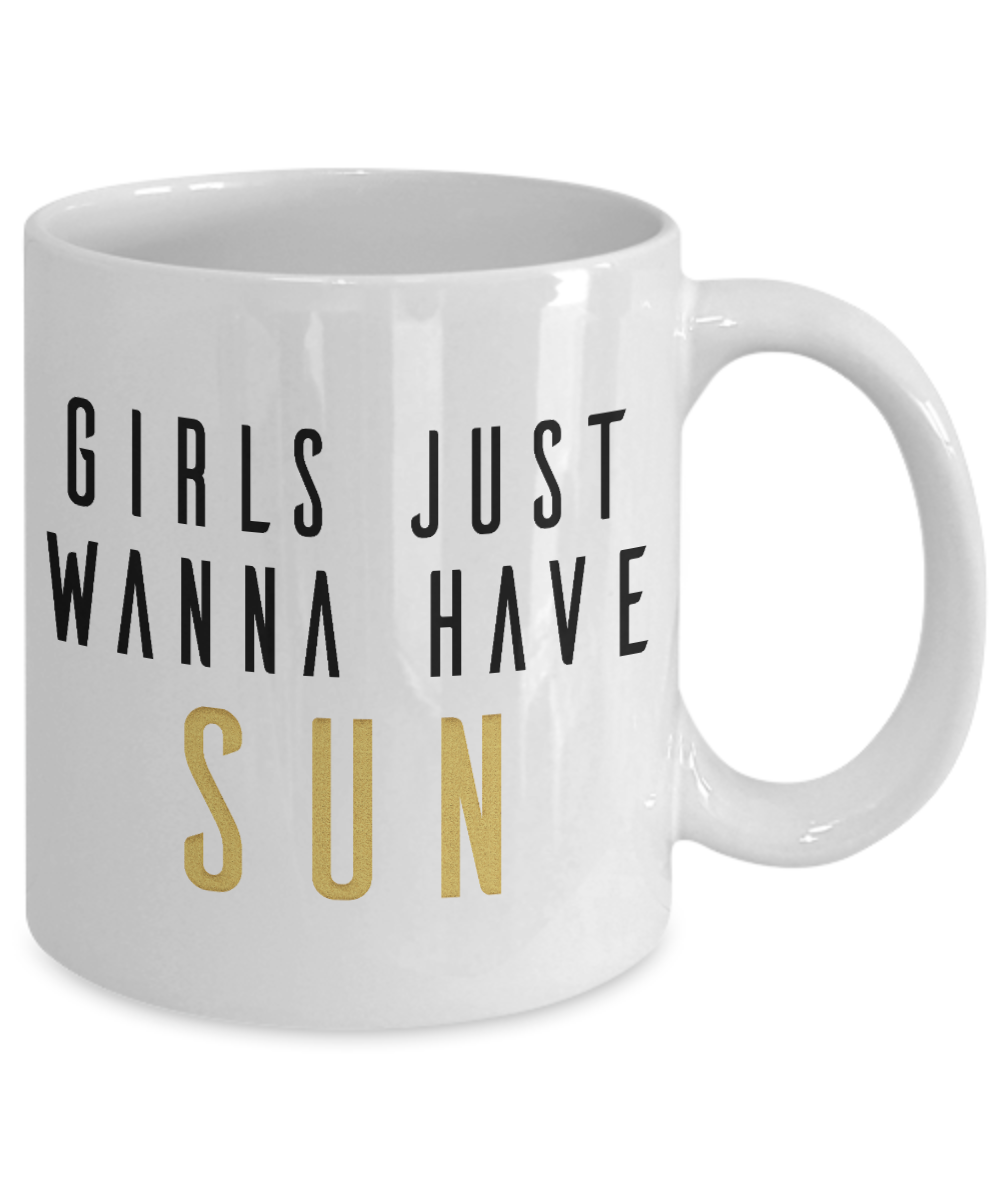 Beach Lover Coffee Mug, Girls Just Wanna Have Sun-White Porcelain Coffee Mug 11 oz for camper,beach, outdoor, surfing, camping, cup