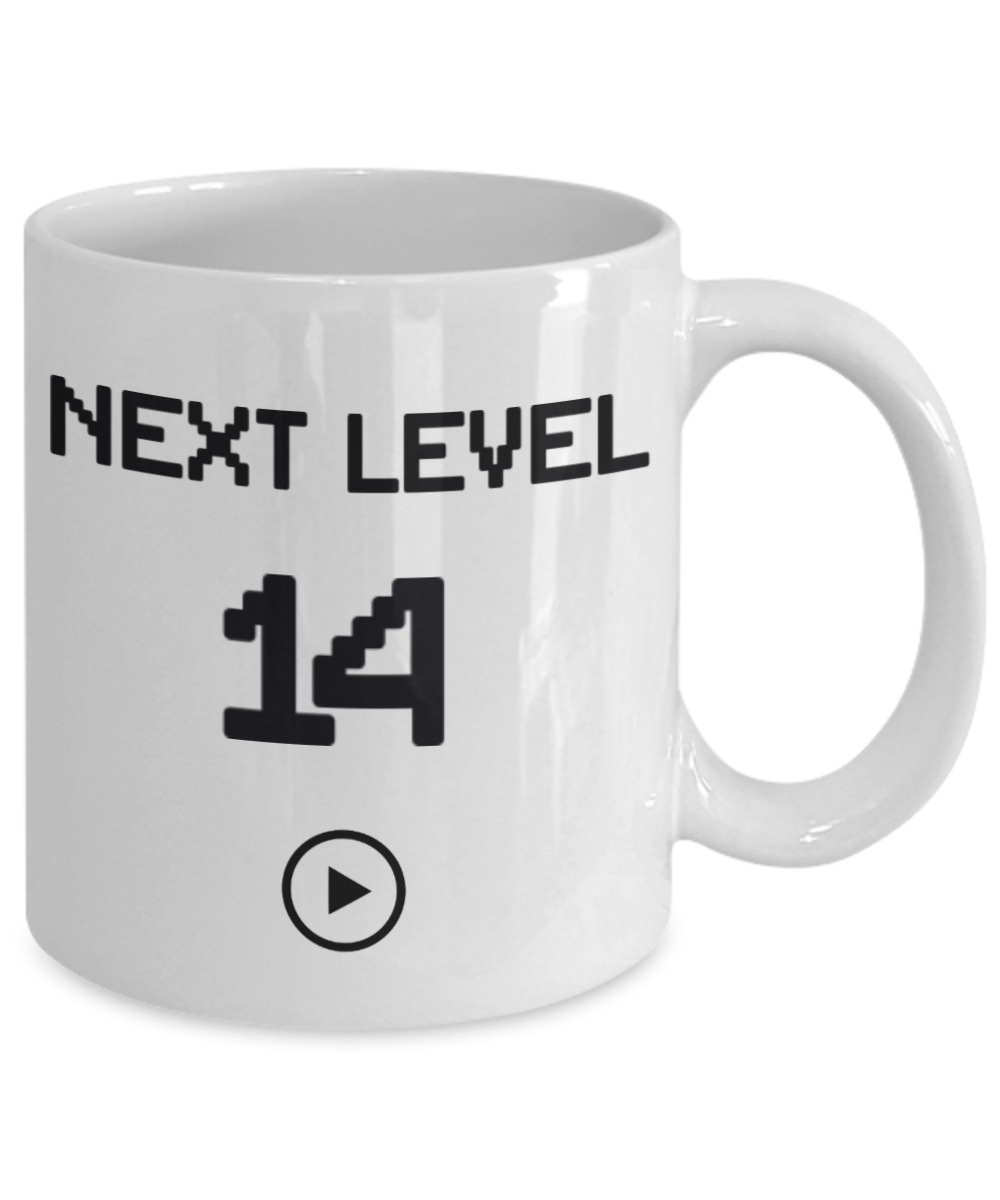 14th Birthday Gift Coffee Mug For Kids, Next Level 14, Gamer Coffee Mug, Birthday Mug- White Porcelain Coffee Mug 11 Oz Funny Quotes Coffee Mug