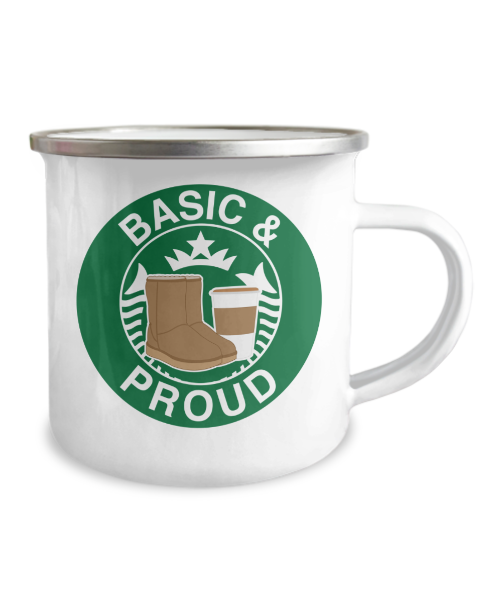 Pop culture lovers mugs , Basic & proud -12 Oz Stainless Steel Enamel Finish White Camper Coffee Mug