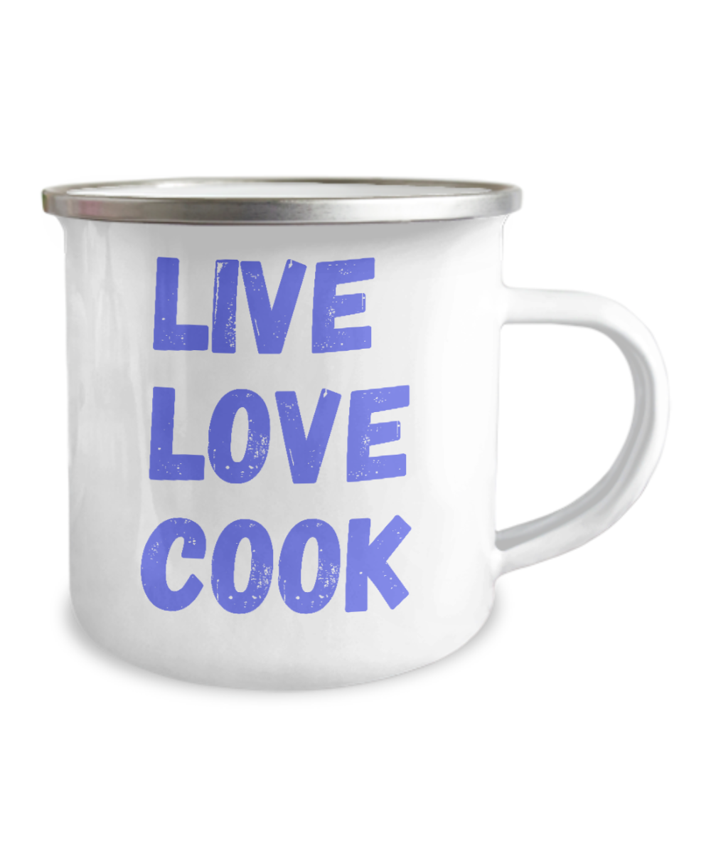 Love Cooking Coffee Mug, Chef mug, Cooking love, Live, Love, Cook -12 Oz Stainless Steel Enamel Finish White Camper Coffee Mug