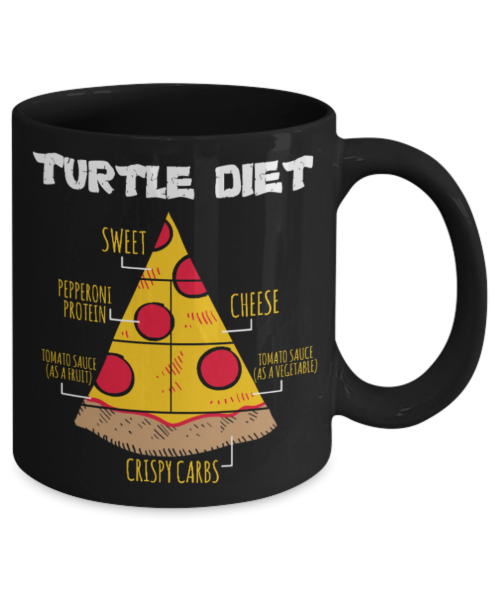 Pizza Lovers Mugs , Turtle Diet - Black Coffee Mug Porcelain Tea Cup 11 oz - Great Gift
