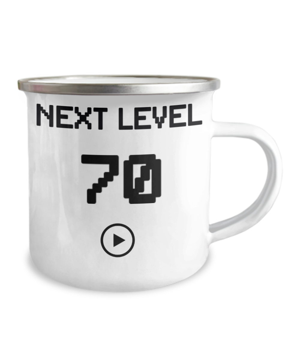70th Birthday Coffee Mug, Next Level 70, Gamer Coffee Mug, Birthday Mug- 12 Oz Stainless Steel Enamel Finish White Camper Coffee Mug