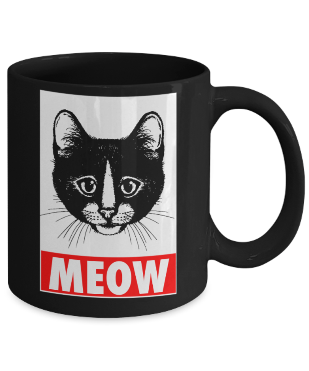 Gift gor dog lovers , Meow - Black Coffee Mug Porcelain Tea Cup 11 oz - Great Gift