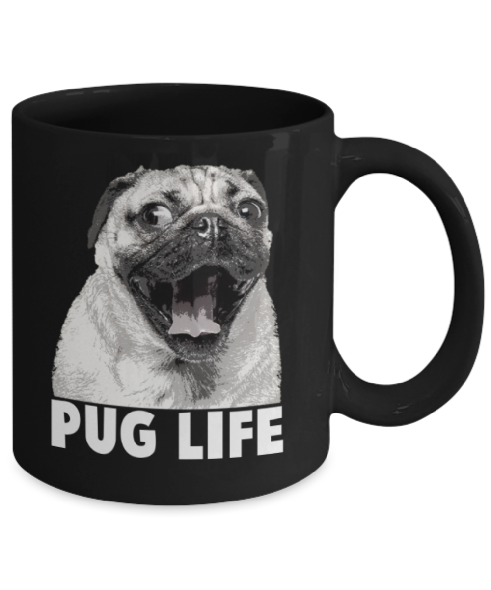 Gift gor dog lovers , Pug Life - Black Coffee Mug Porcelain Tea Cup 11 oz - Great Gift