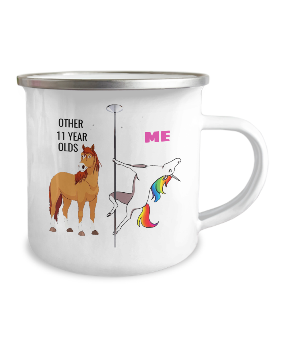 11th Birthday Unicorn Camper  Coffee Mug - Other 11 Year Olds Me Unicorn Coffee Mug -12 Oz Stainless Steel Enamel Finish White Camper Coffee Mug
