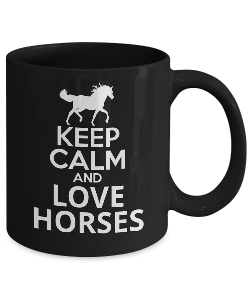 Horseback Rider Gift Coffee Mug, Keep Calm And Love Horses -Black Porcelain Coffee Mug 11 oz For Horse Rider, Horse Lover, Cowgirl, Cowboy