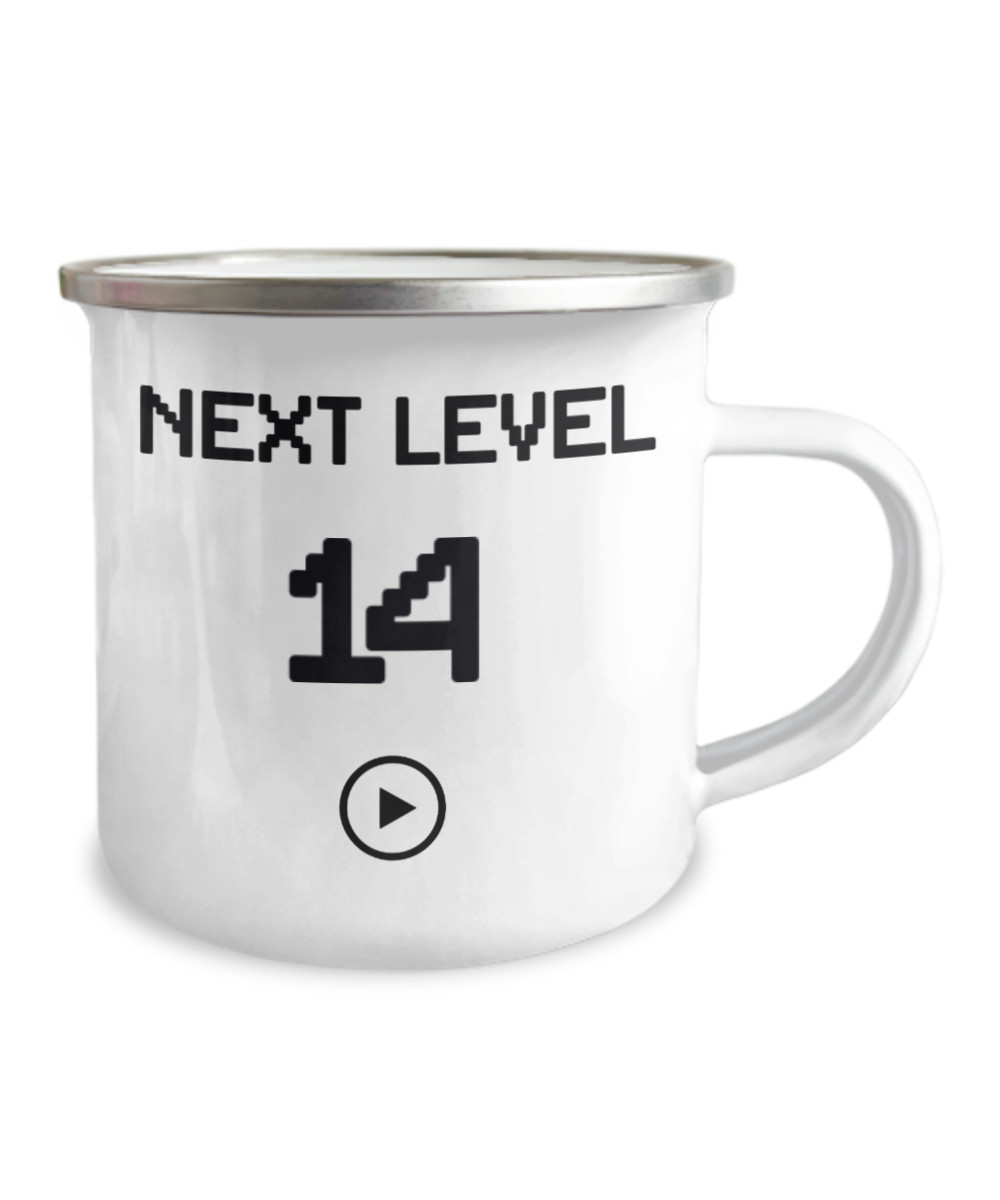 14th Birthday Gift Coffee Mug For Kids, Next Level 14, Gamer Coffee Mug, Birthday Mug- 12 Oz Stainless Steel Enamel Finish White Camper Coffee Mug