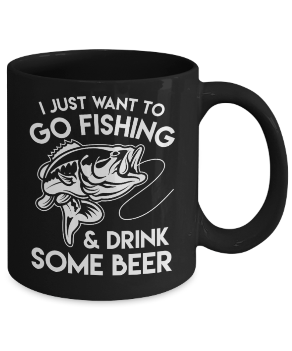 Beer Lovers Gifts , Fishing and Beer - Black Coffee Mug Porcelain Tea Cup 11 oz - Great Gift