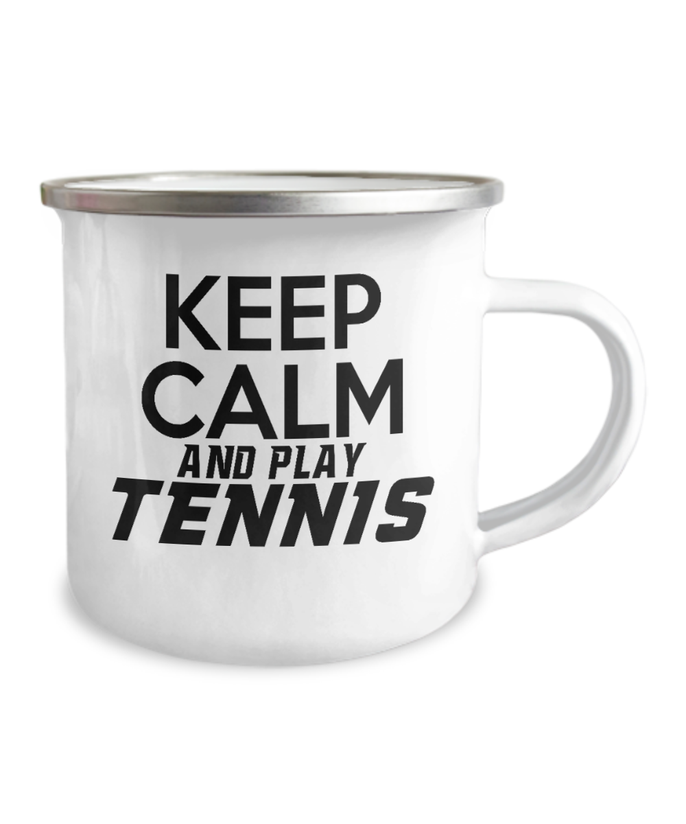 Tennis Player Coffee Mug, Keep Calm And Play Tennis - 12 Oz Stainless Steel Enamel Finish White Camper Coffee Mug