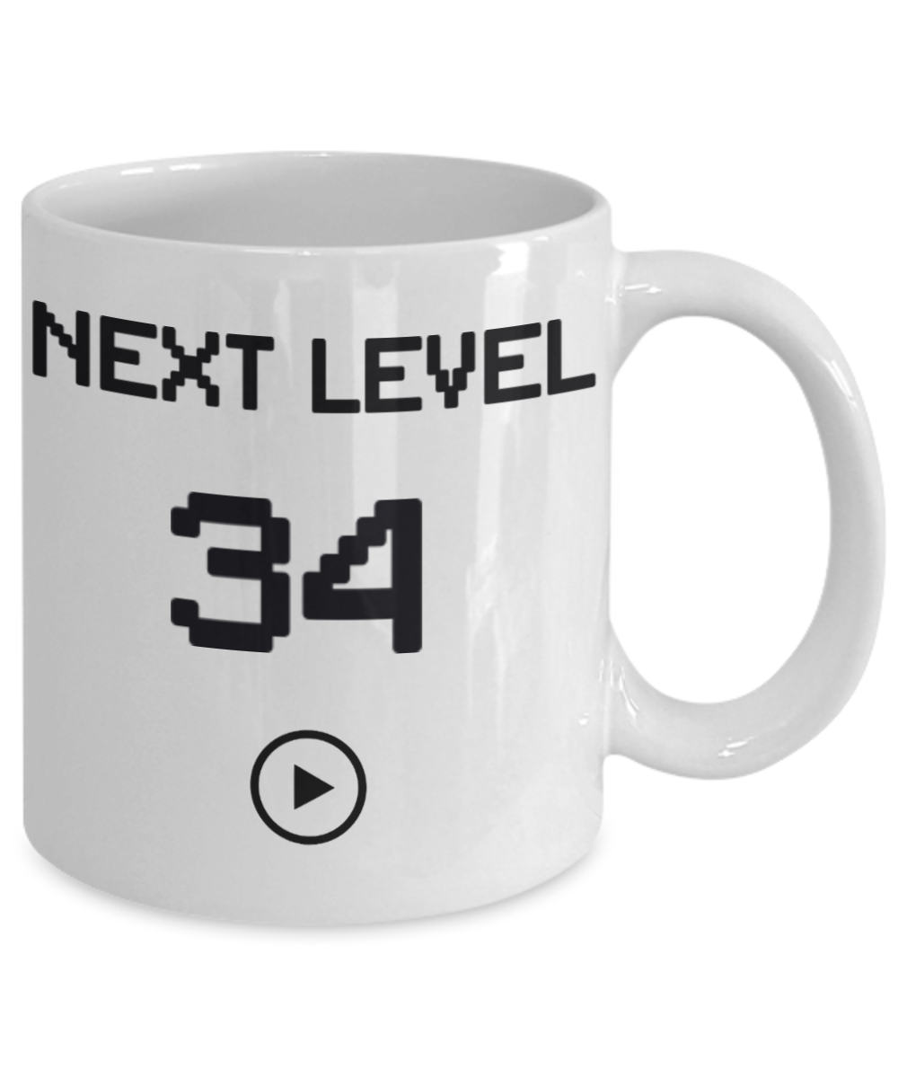 34th Birthday Special Gift Coffee Mug, Next Level 34, Gamer Coffee Mug, Birthday Mug- White Porcelain Coffee Mug 11 Oz Funny Quotes Coffee Mug