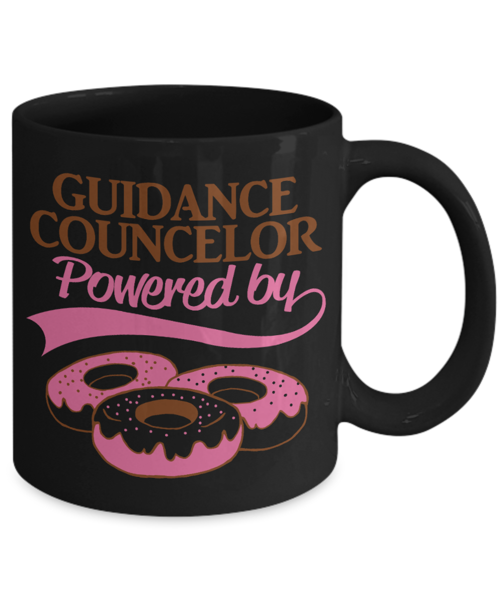 School Counselor Gift Idea, Guidance Councelor Powered by donuts-Black Porcelain Coffee Mug 11 oz For Guidance Counselor, School Counselor, Therapist, Birthday, Christmas, Gifts