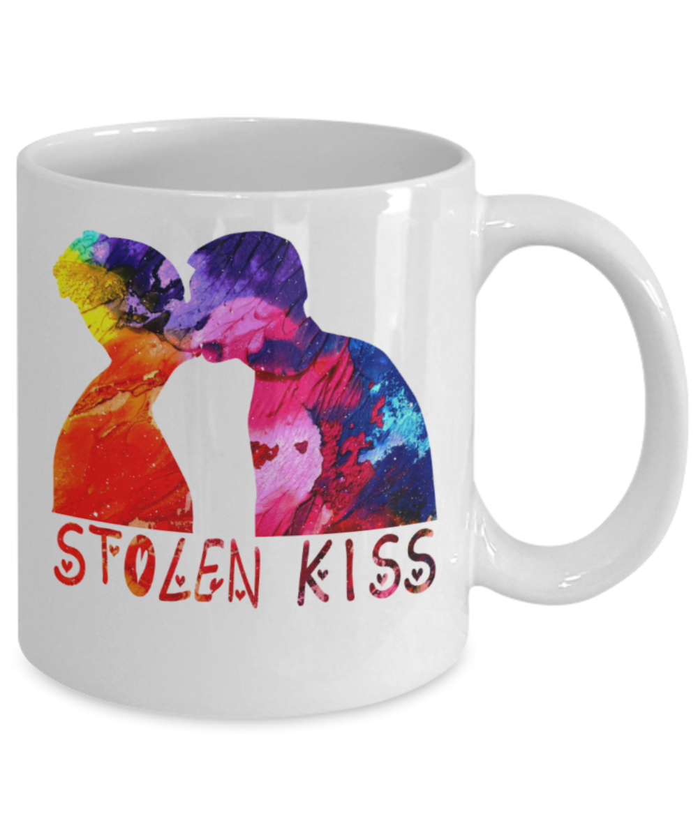 Coffee mugs for lovers, Stolen Kiss - Funny White Porcelain Coffee 11 oz