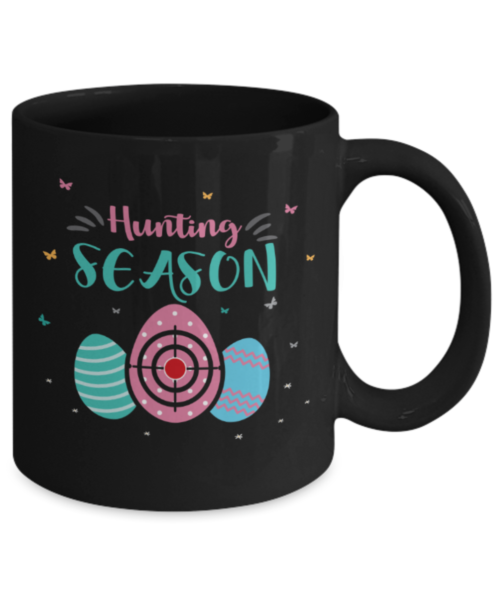 Personal creations gifts easter mugs - Egg hunting season - Black Porcelain Coffee Mug Cute Ceramic Cup 11 oz