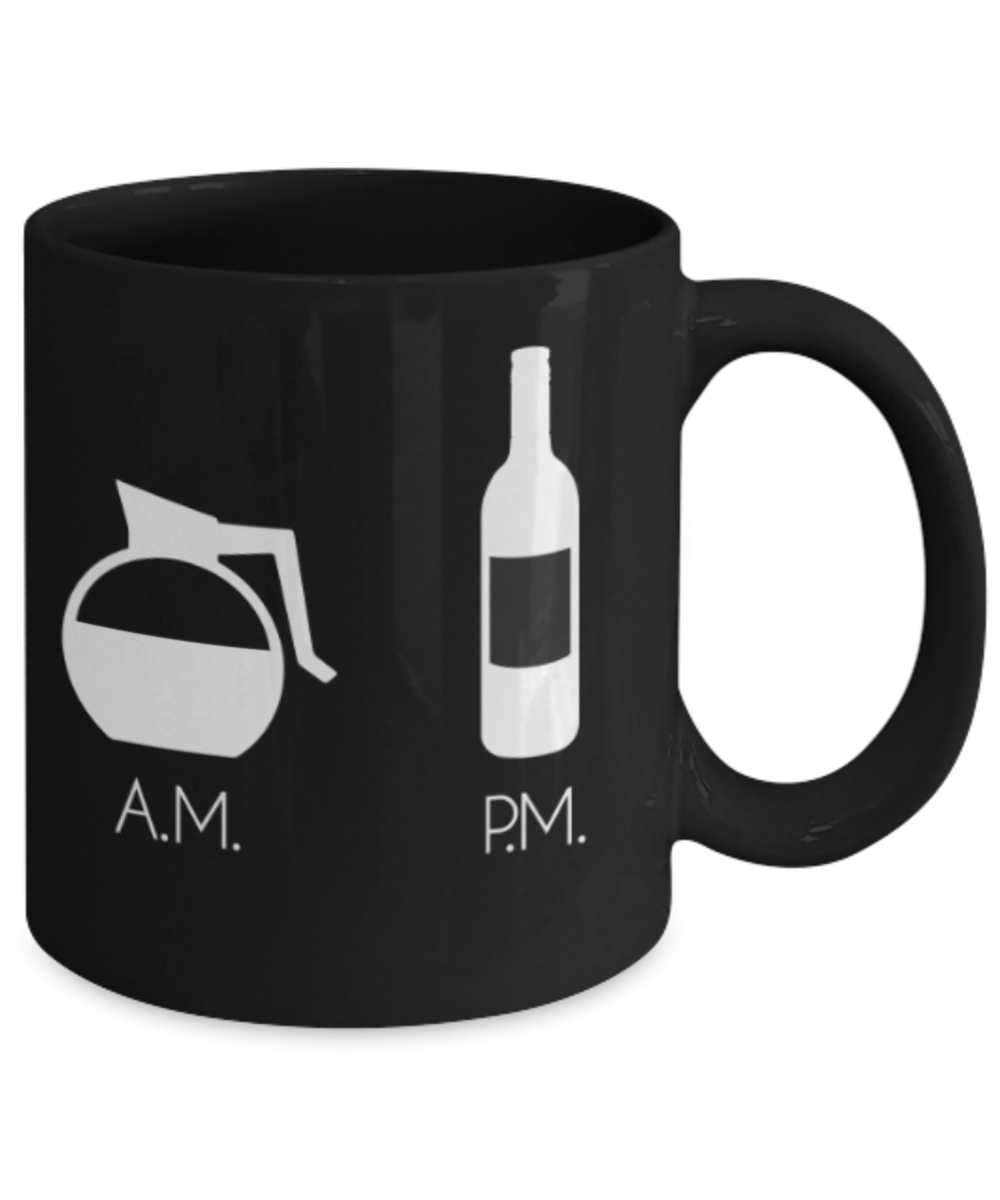 Food Lovers mugs , AM PM - Black Coffee Mug Porcelain Tea Cup 11 oz - Great Gift
