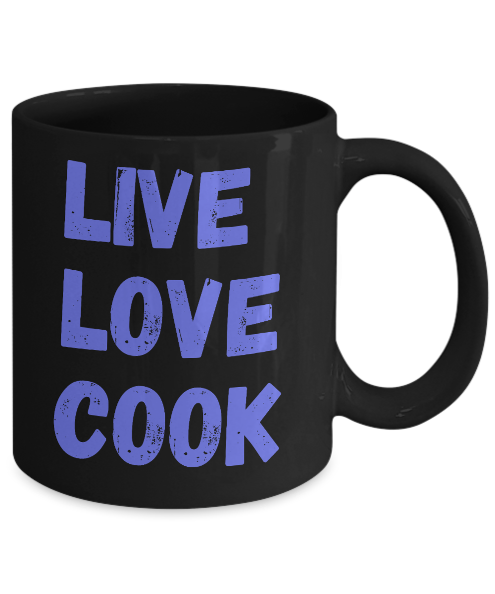 Love Cooking Coffee Mug, Chef mug, Cooking love, Live, Love, Cook- Black Porcelain Coffee Mug 11 Oz Funny Quotes Coffee Mug