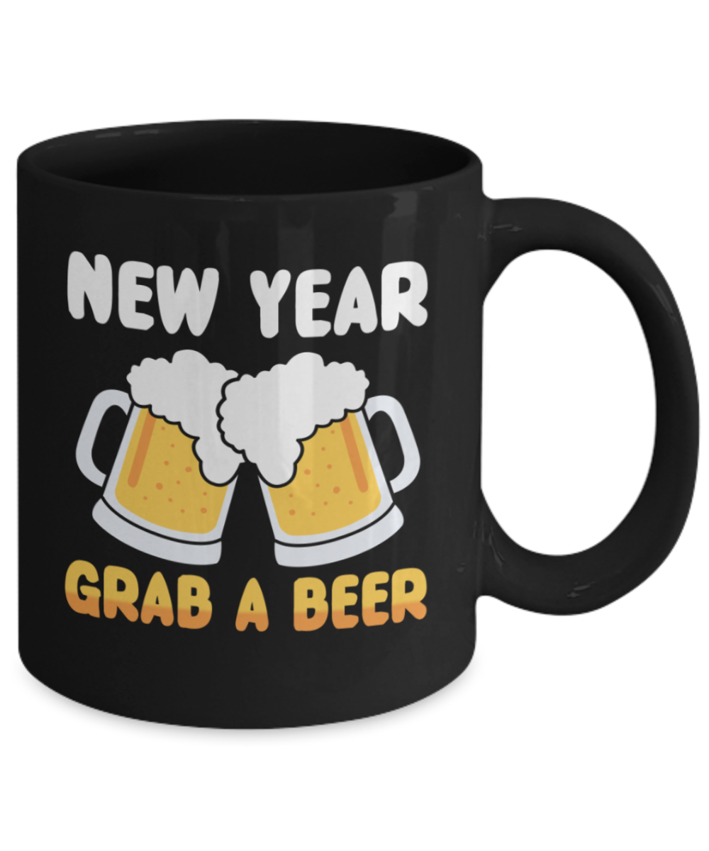 New Year gifts mugs, New Year Grab a beer - Funny Black Porcelain Coffee Mug Cute Ceramic Cup 11 oz