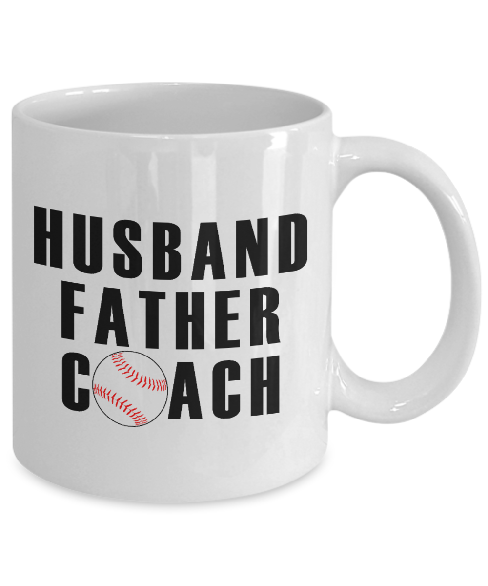 Baseball Coach Coffee Mug, Husband Father Coach-White Porcelain Coffee Mug 11 oz for Baseball Coach, Dad, Husband