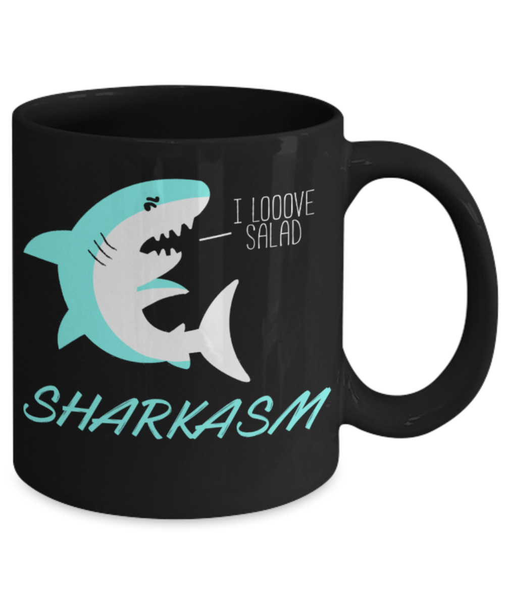 Shark Lovers Mugs , Sharkasm - Black Coffee Mug Porcelain Tea Cup 11 oz - Great Gift