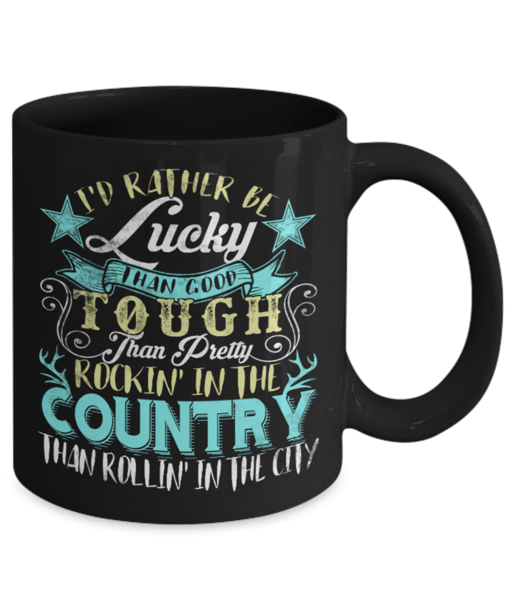 Lucky Than good - Black Coffee Mug Porcelain Tea Cup 11 oz - Great Gift